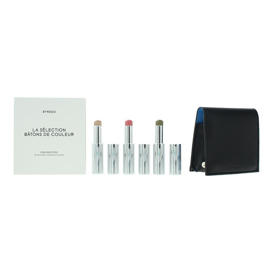 Blue Set Byredo: Colour Stick, Multifunctional, Eyeshadow Stick, 509, Solar Flare, 3.5 g + Colour Stick, Multifunctional, Eyeshadow Stick, Kumato Face, 3.5 g + Colour Stick, Multifunctional, Eyeshadow Stick, Flower Play, 3.5 g + Byredo, GWP Leather Pouch