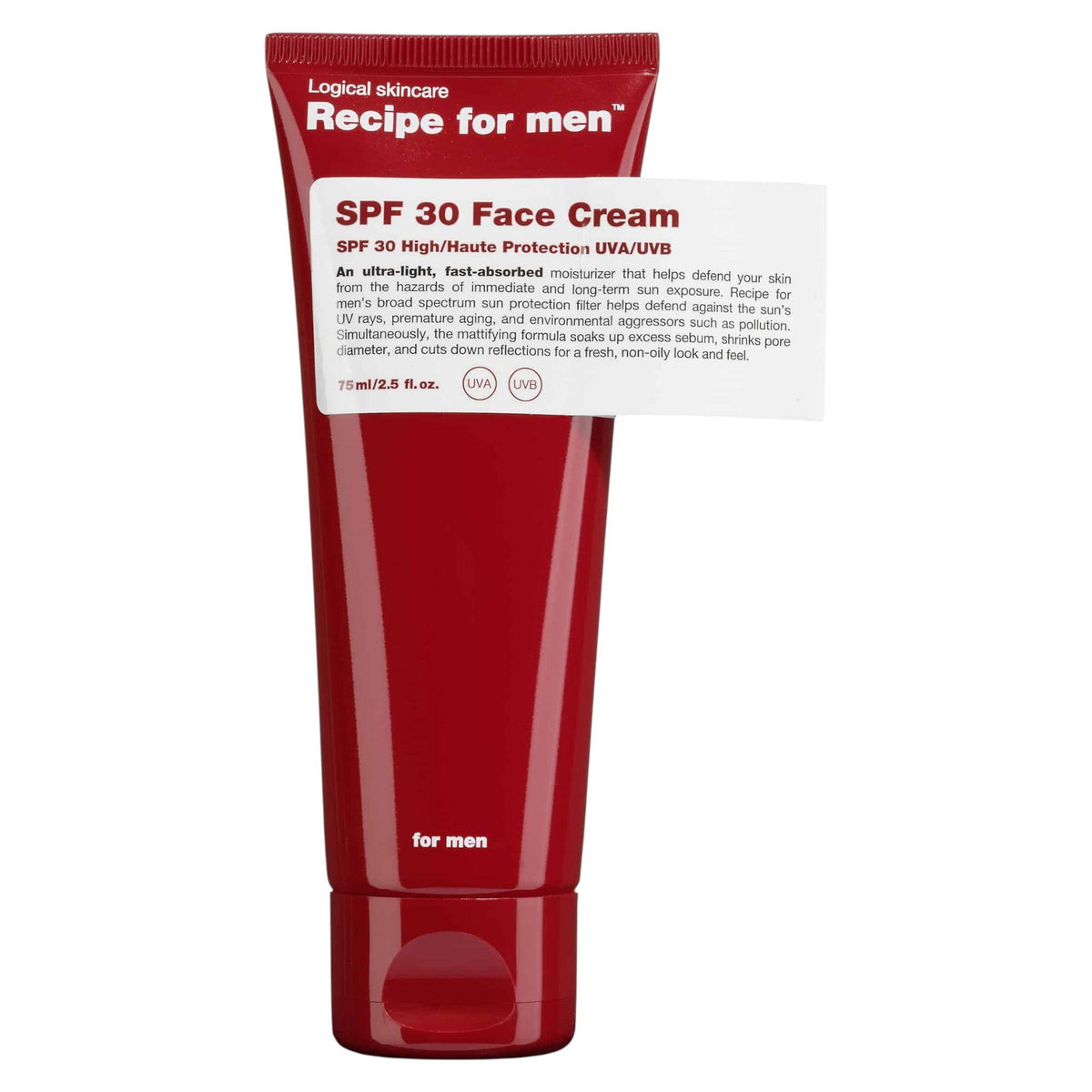 Recipe For Men, SPF 30 Face Cream, Moisturizer, Cream, For Face, SPF30, 75 ml